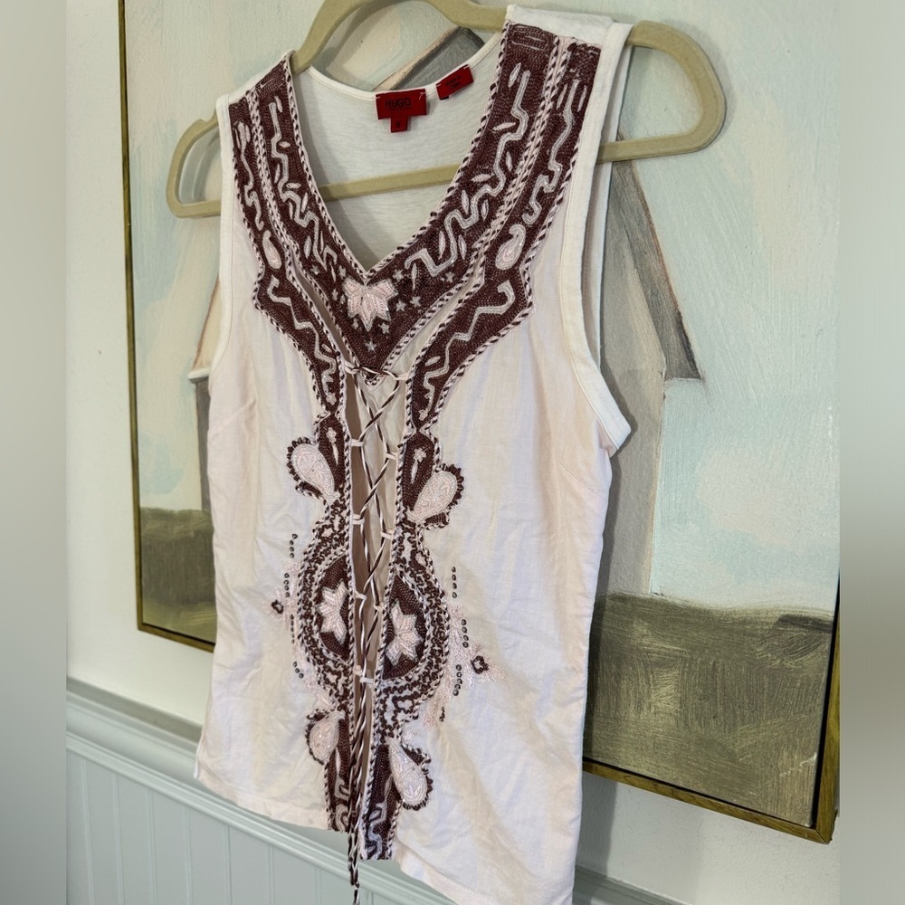 HUGO BOSS Light Pink Brown Beaded Embroidered Open Front Boho Tank Top Size Med - Picture 5 of 7